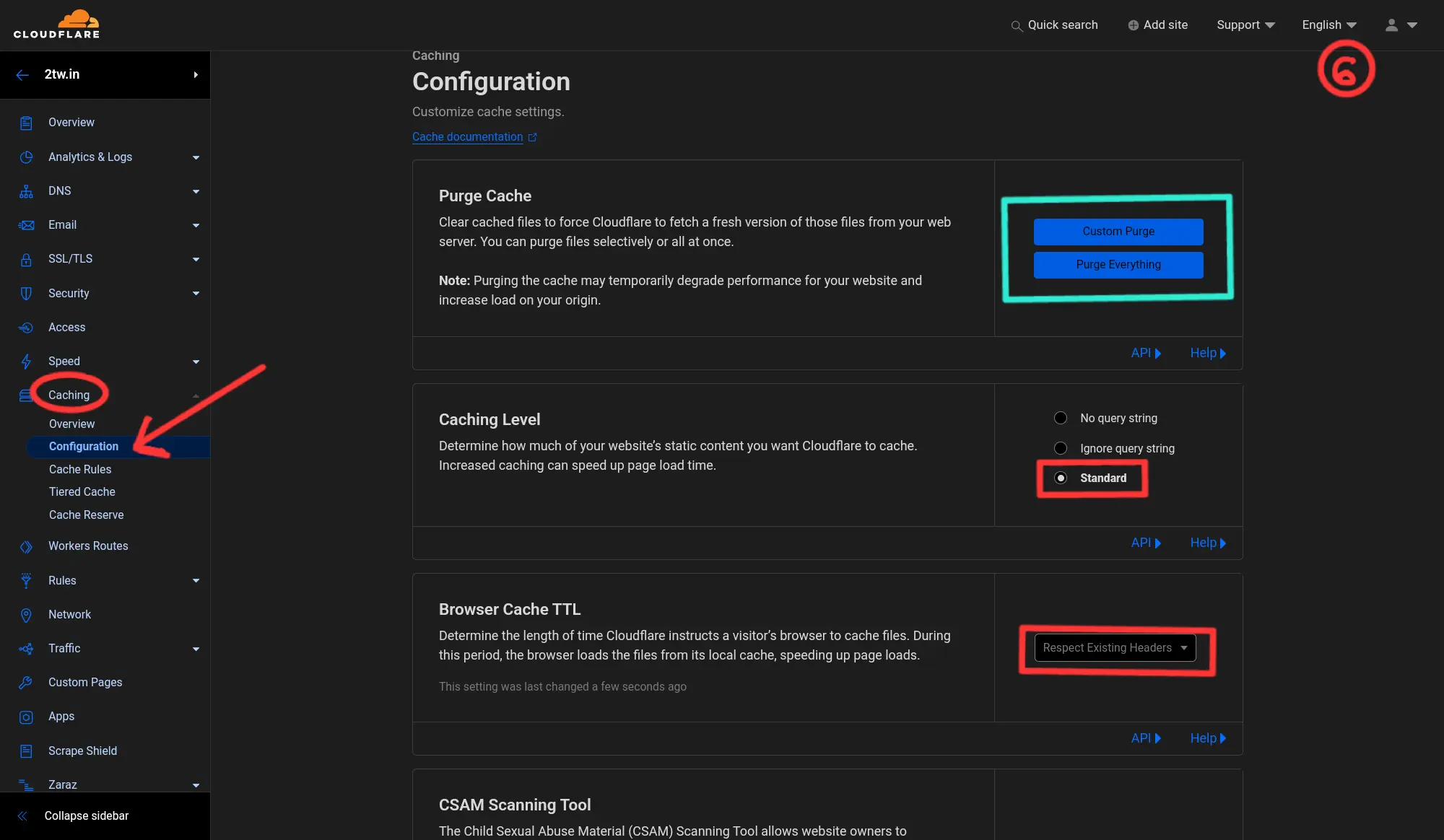 Cache settings at Cloudflare page 1