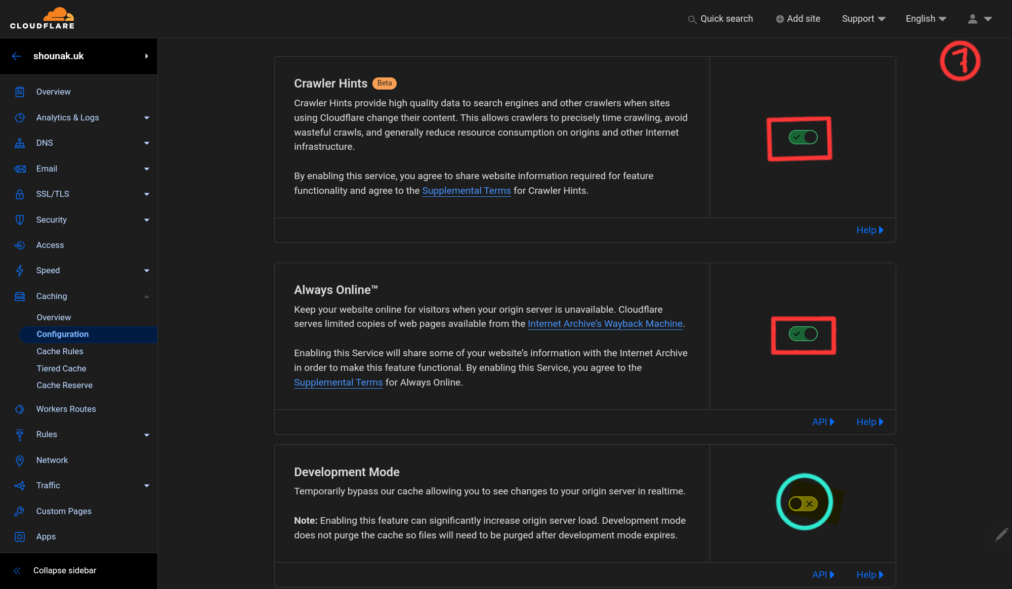 Cache settings at Cloudflare page 2