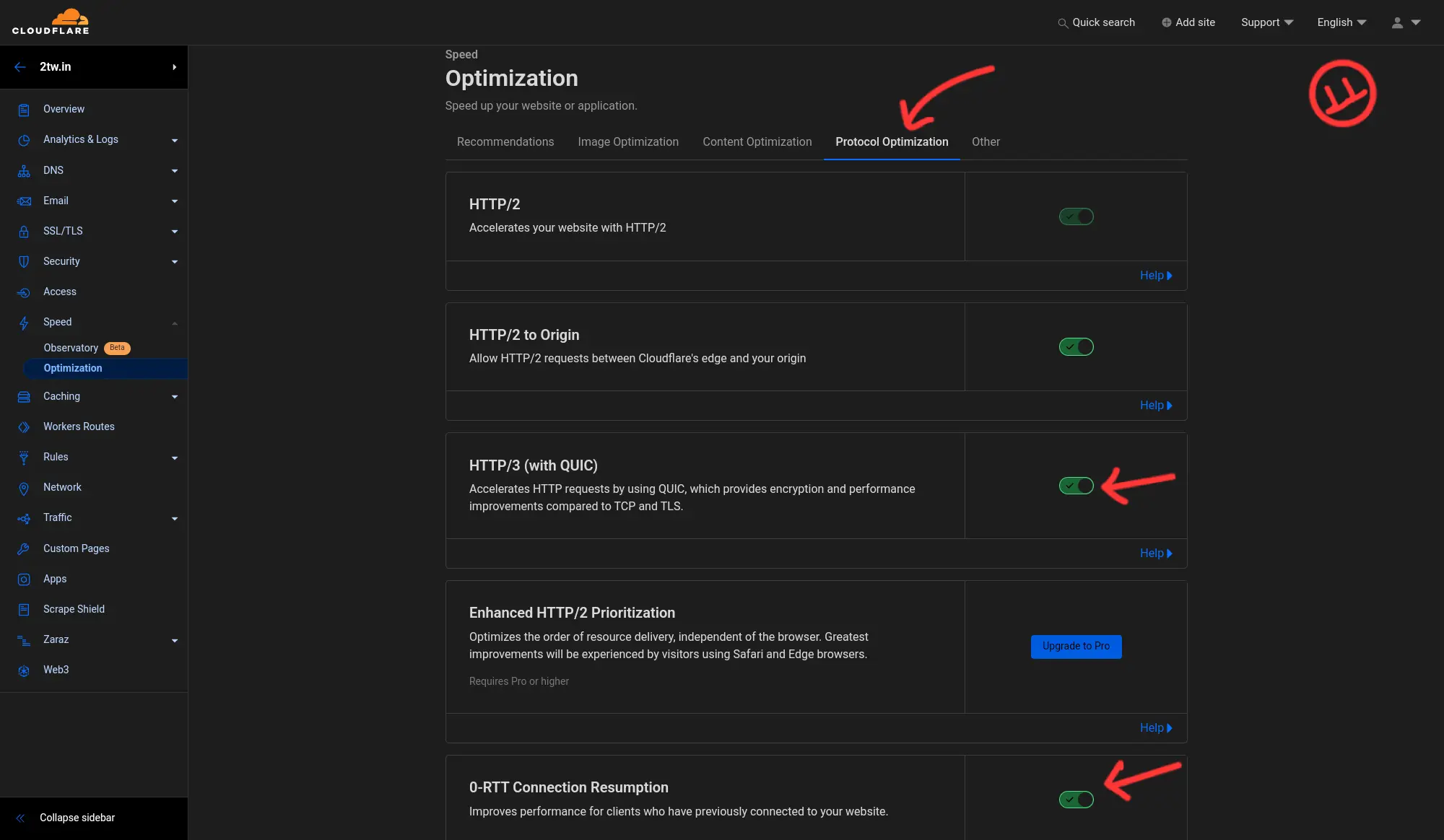 Protocol Optimisation settings in Cloudflare