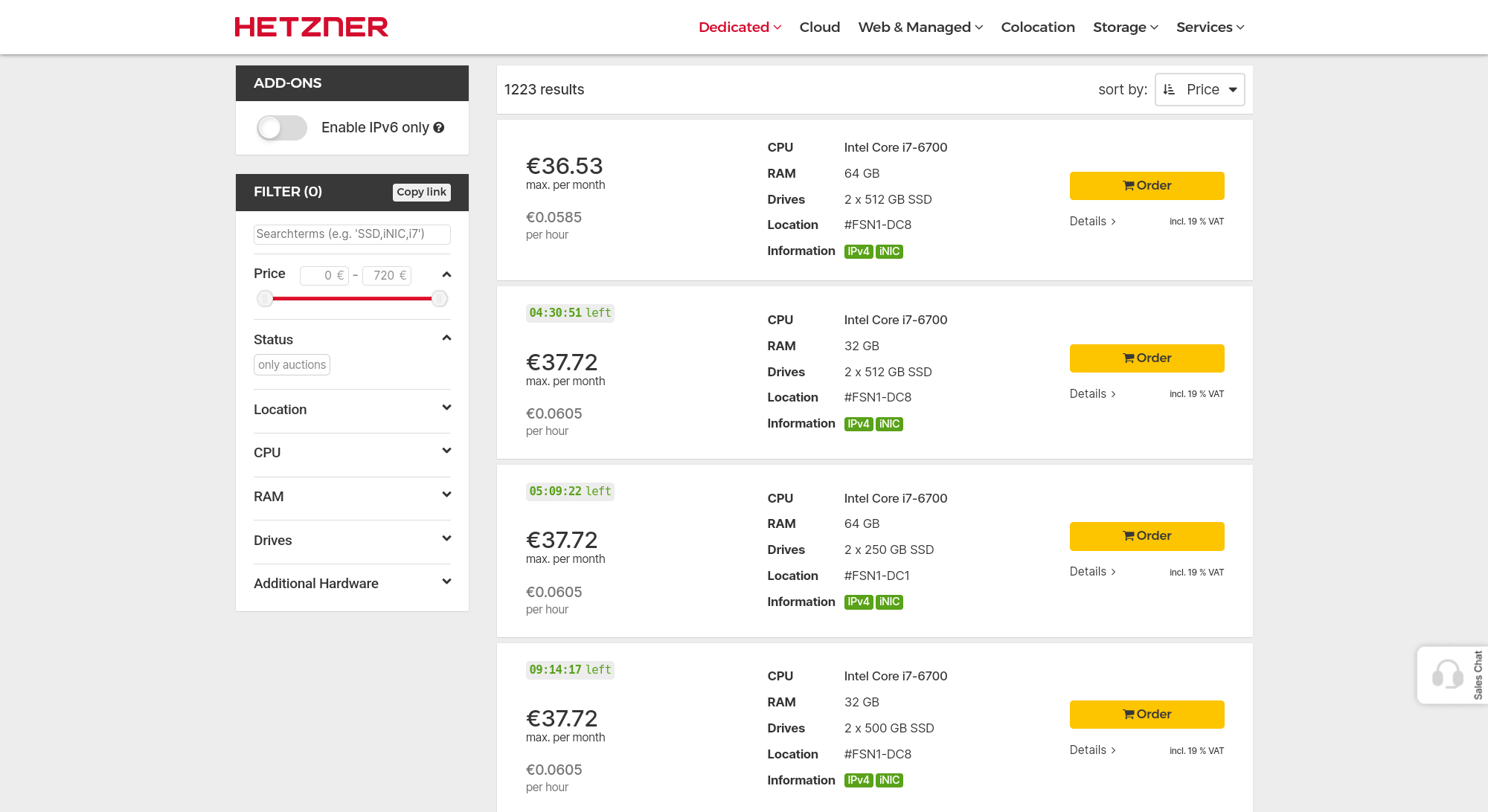 Dedicated baremetal servers pricing at Hetzner.